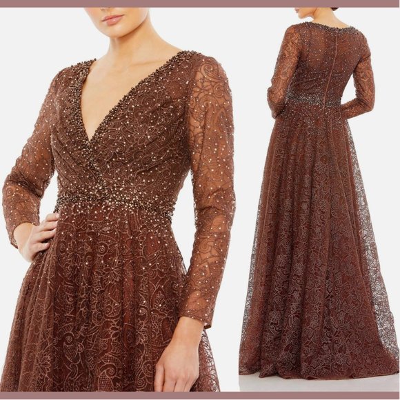 NWT $798 Mac Duggal [‎ 8 ] Embellished Long Sleeve V Neck Gown in Chocolate - Picture 2 of 16